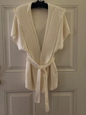 Michael Kors Ivory Short Sleeve Open Cardigan Sweater/Hood/Tie Belt/Ribbed/L/NEW